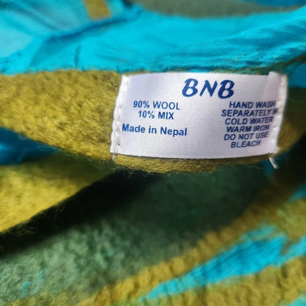 Felted Wool Long Scarf Chiffon Vine Floral BNB Made In‎ Nepal Blue Green
